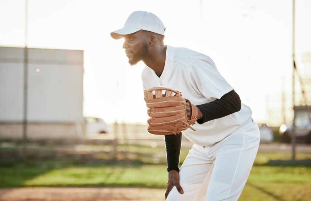 Athlete, baseball player or hand glove on field, sports or arena ground in game, match or competiti